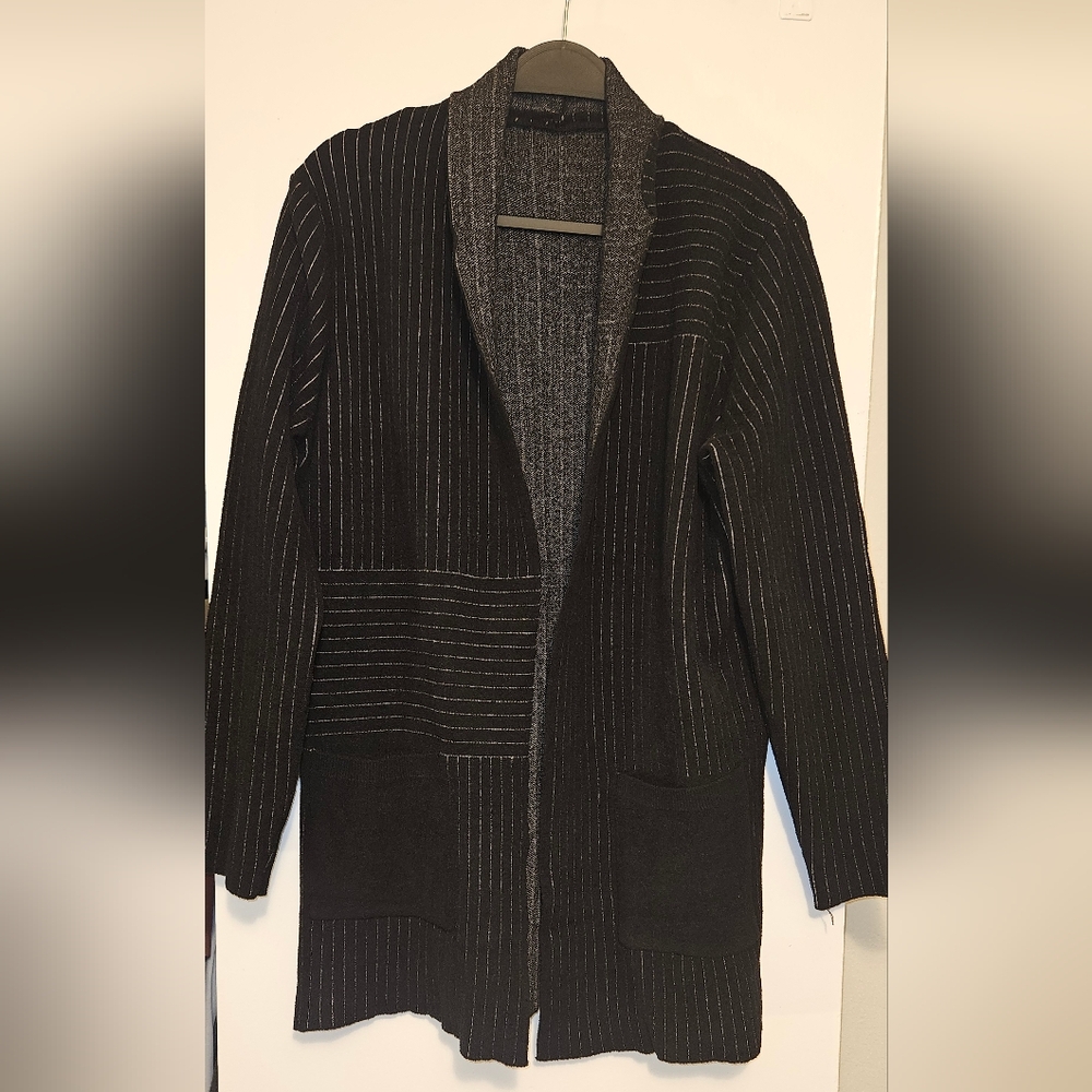 Black Chunky Knit Cardigan with Open Front and Full Length Sleeves